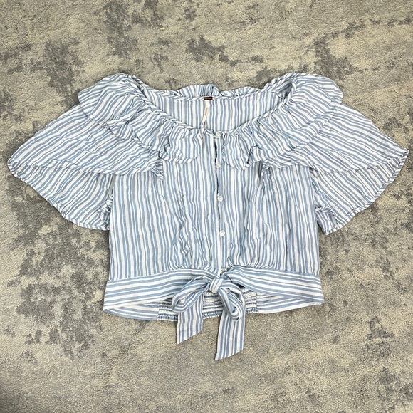 Free People The Rosemary Top Tie Waist Blouse Flutter Ruffle Blue Stripe Sz L - Picture 5 of 12
